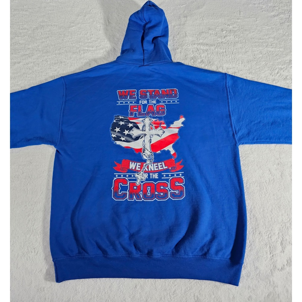 Gildan We Stand For The Flag We Kneel For The Cross‎ Blue Graphic Hoodie Mens L - Picture 10 of 11